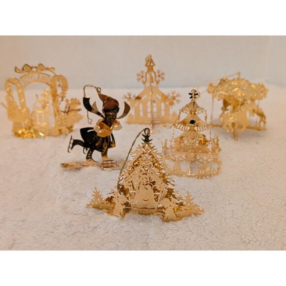 Danbury Mint 1980's Christmas Ornaments Set Of 6 Vintage Gold Plated over Brass - Picture 1 of 5
